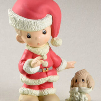 Precious Moments Christmas Figurines Boy In Santa's Clother & Dog - Boxed